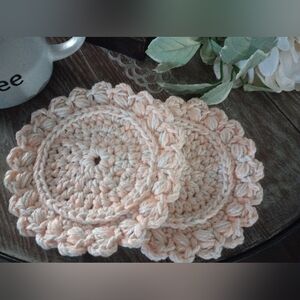 Handmade Farmhouse Style Crochet Coaster Set of 2 in Peaches & Cream
